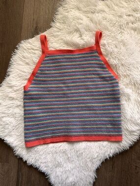 American Eagle Outfitters Knit Crop Tank Coral Trim Multicolor Striped